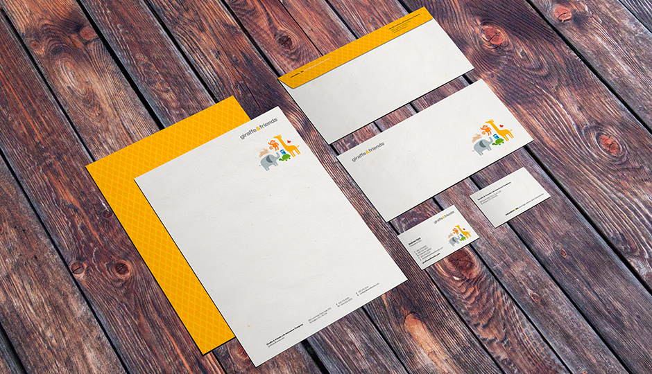 Alan Weaving, CreativeElements.ca, Giraffe & Friends, GnF, brand, identity, logo, corporate stationery, letterhead, envelope, business card